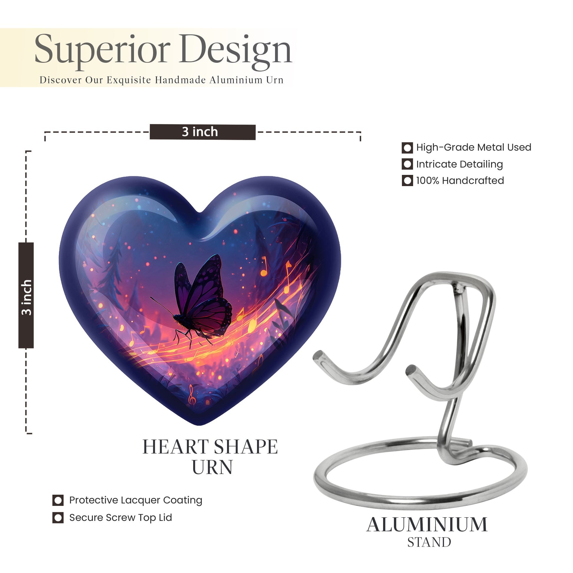Celestial Blue Butterfly Cremation Urn front view showing detailed design - heart-shaped butterfly design symbolizing eternal love - mini keepsake memorial for portion of cremation ashes
