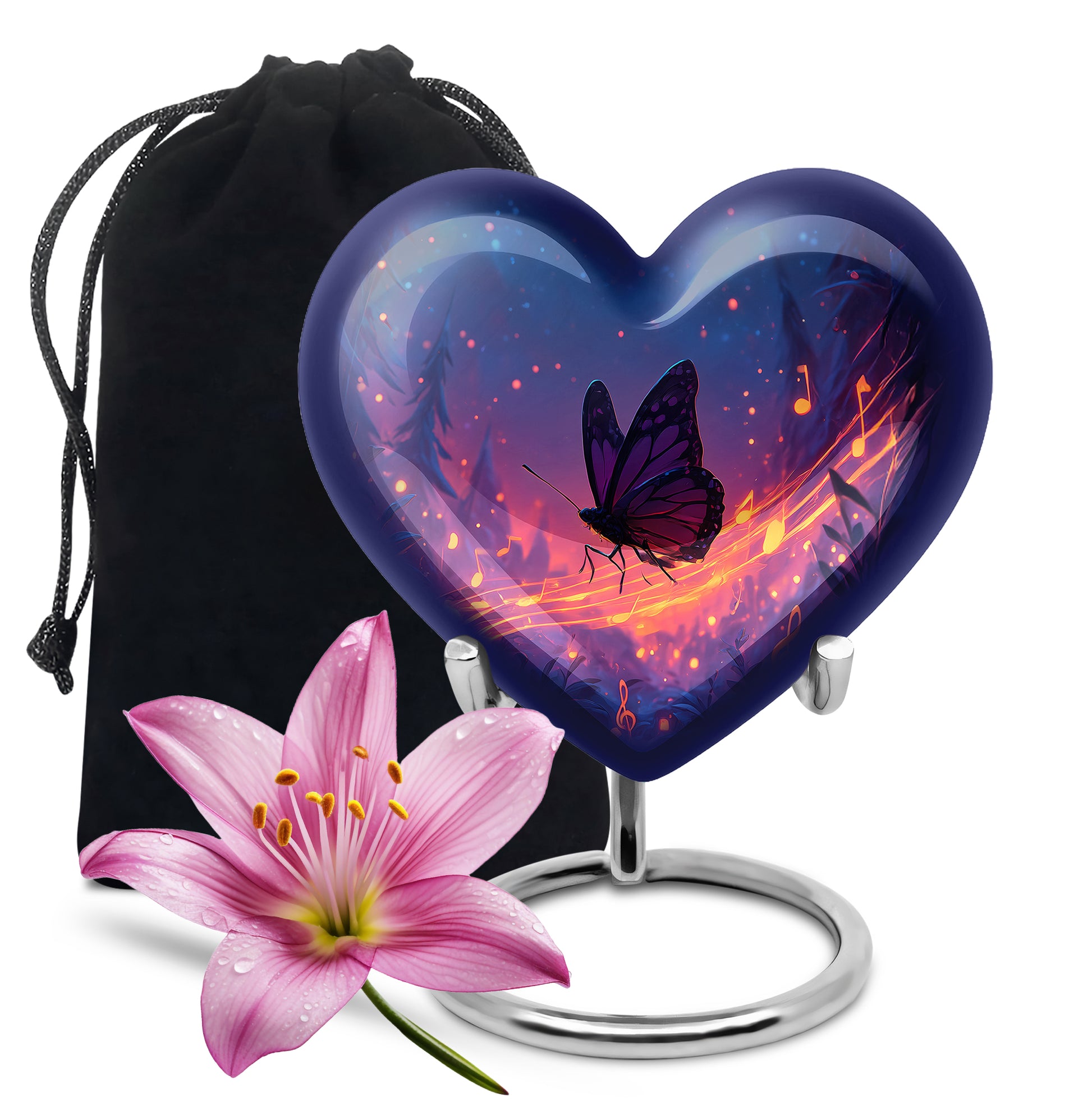 Indigo Butterfly Cremation Urn detail view - loving heart memorial featuring butterfly pattern - full-size 10 inch 200 cubic inch adult cremation urn