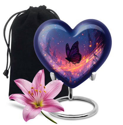 Indigo Butterfly Cremation Urn detail view - loving heart memorial featuring butterfly pattern - full-size 10 inch 200 cubic inch adult cremation urn