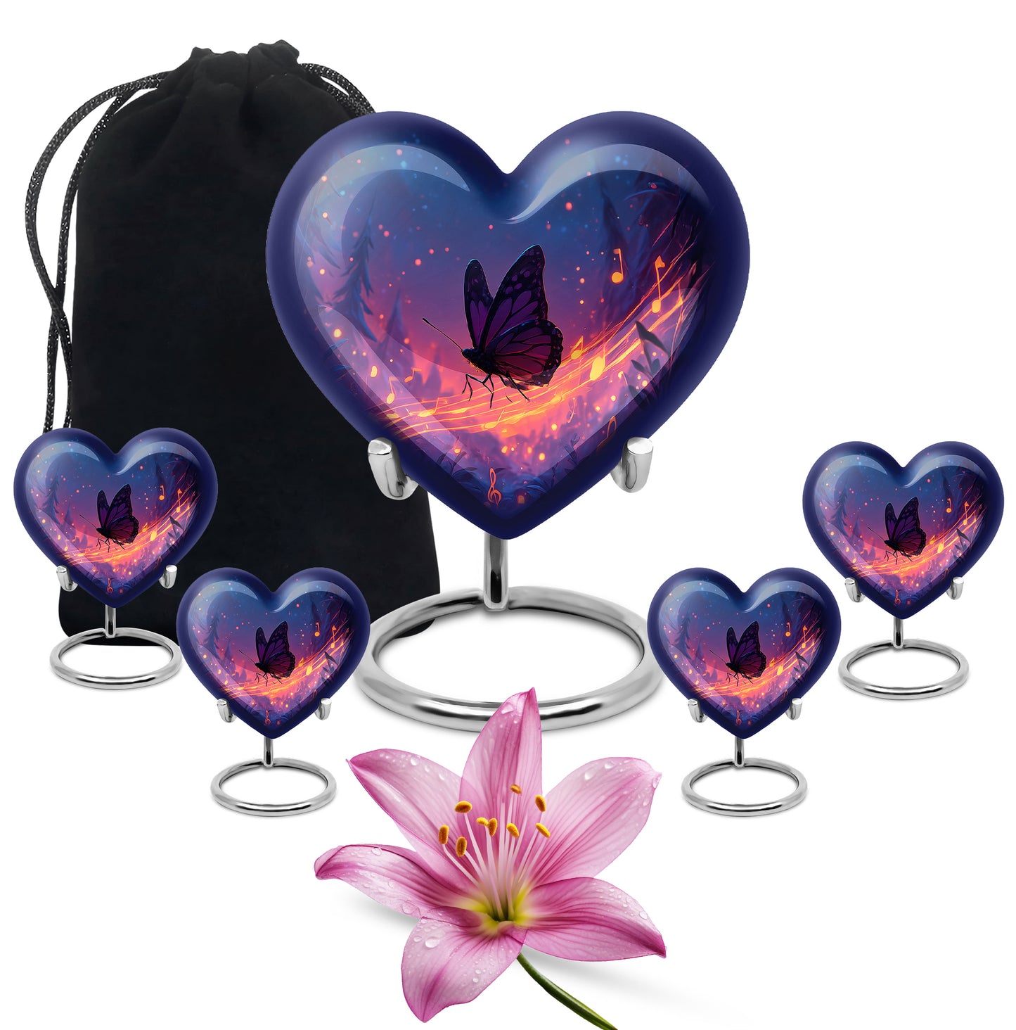 Sapphire Blue Butterfly Cremation Urn close-up of engraving and surface detail - romantic heart urn with butterfly motif on aluminum - memorial set with one large and four small urns
