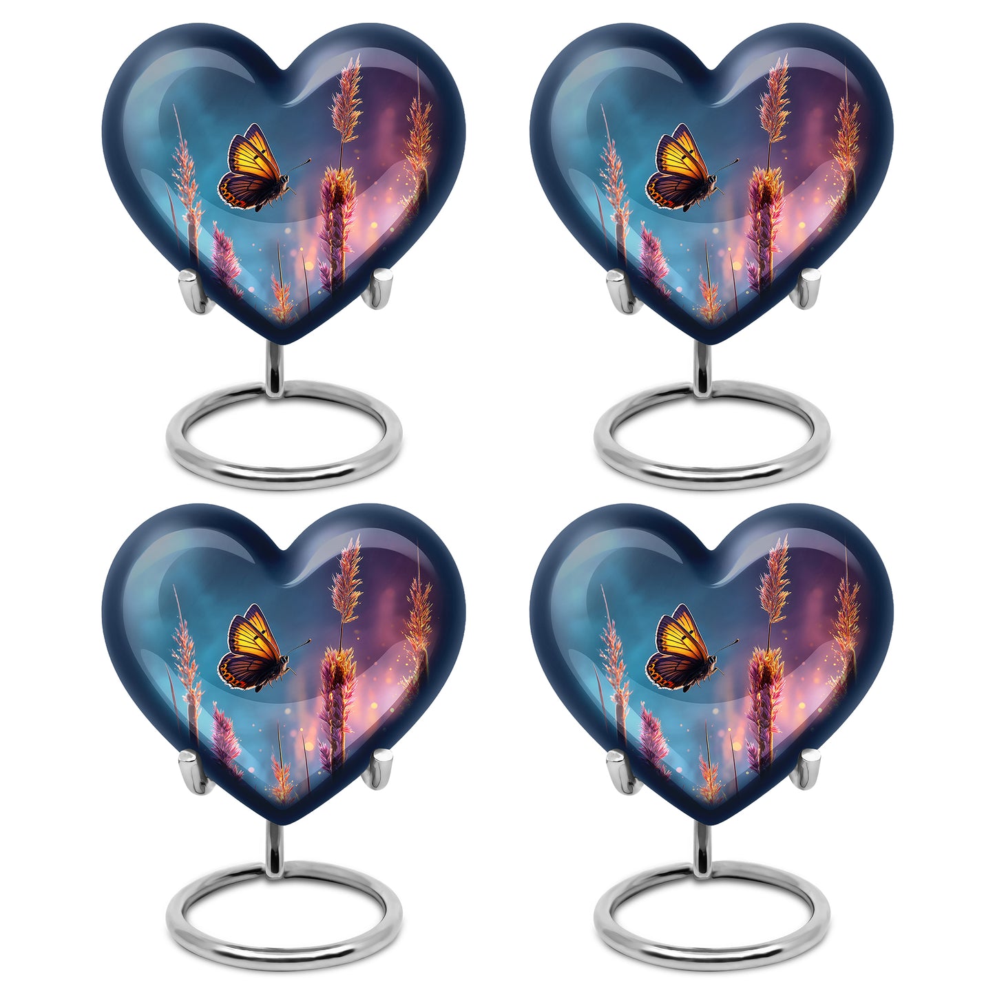 Icy Blue Butterfly Cremation Urn angled view of lid and engraved motif - heart-shaped butterfly design symbolizing eternal love - 10 inch aluminum urn for cremated remains