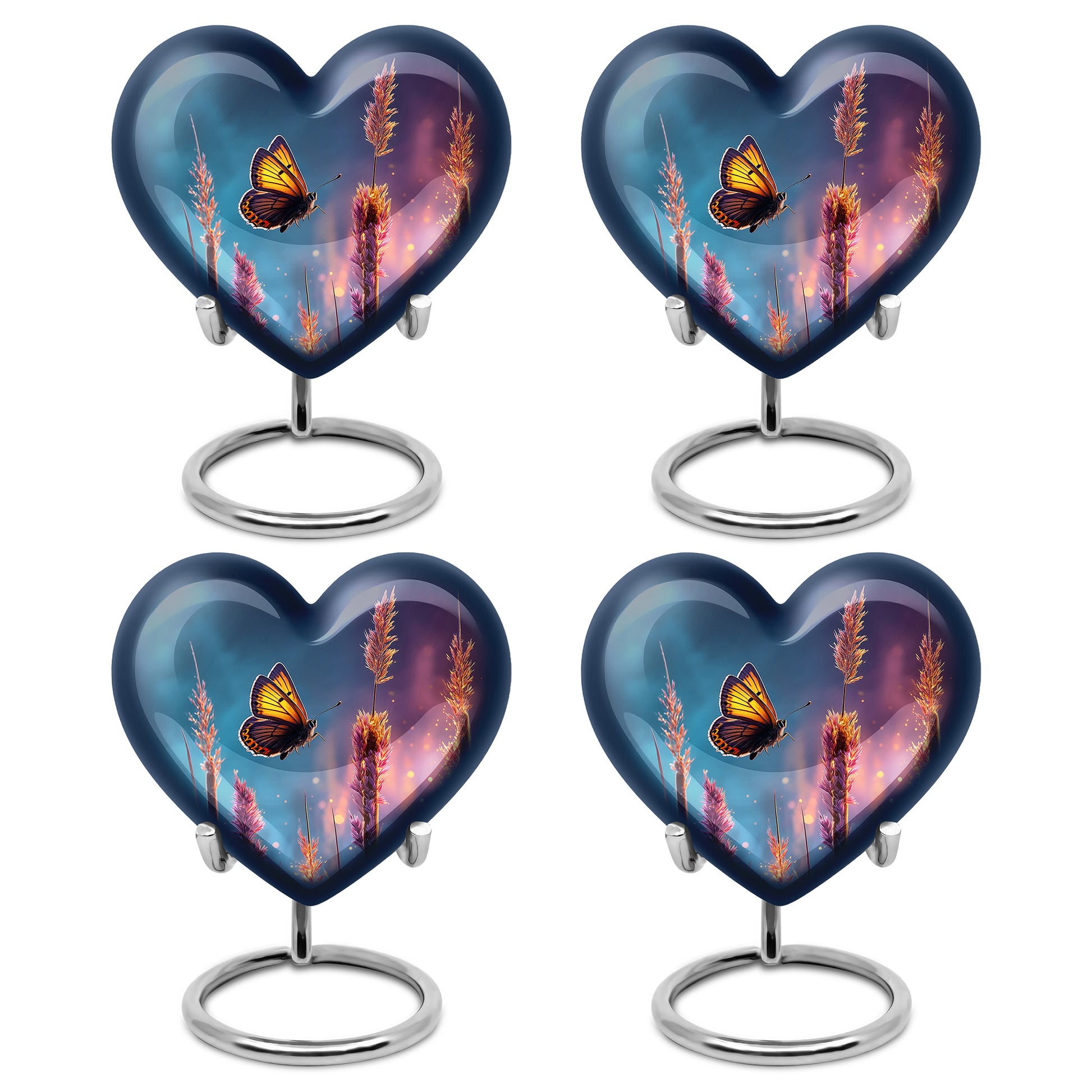 Icy Blue Butterfly Cremation Urn angled view of lid and engraved motif - heart-shaped butterfly design symbolizing eternal love - 10 inch aluminum urn for cremated remains