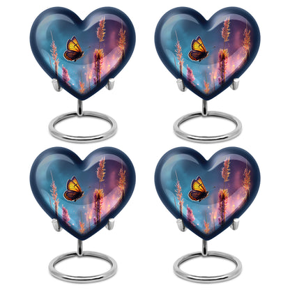 Icy Blue Butterfly Cremation Urn angled view of lid and engraved motif - heart-shaped butterfly design symbolizing eternal love - 10 inch aluminum urn for cremated remains