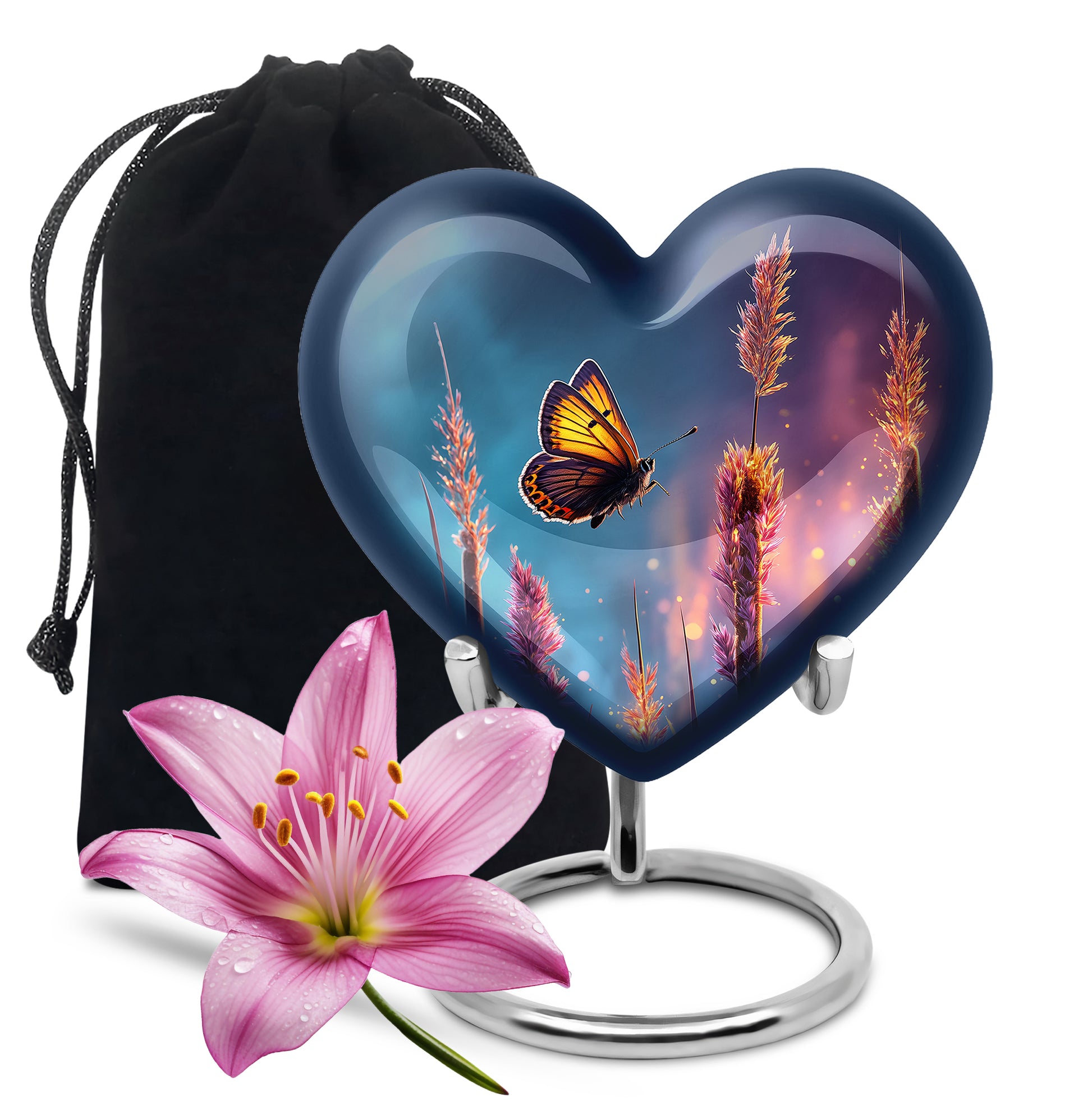 Bright Blue Butterfly Cremation Urn detail view - compassionate heart-butterfly combination with gentle curves - full-size 10 inch 200 cubic inch adult cremation urn