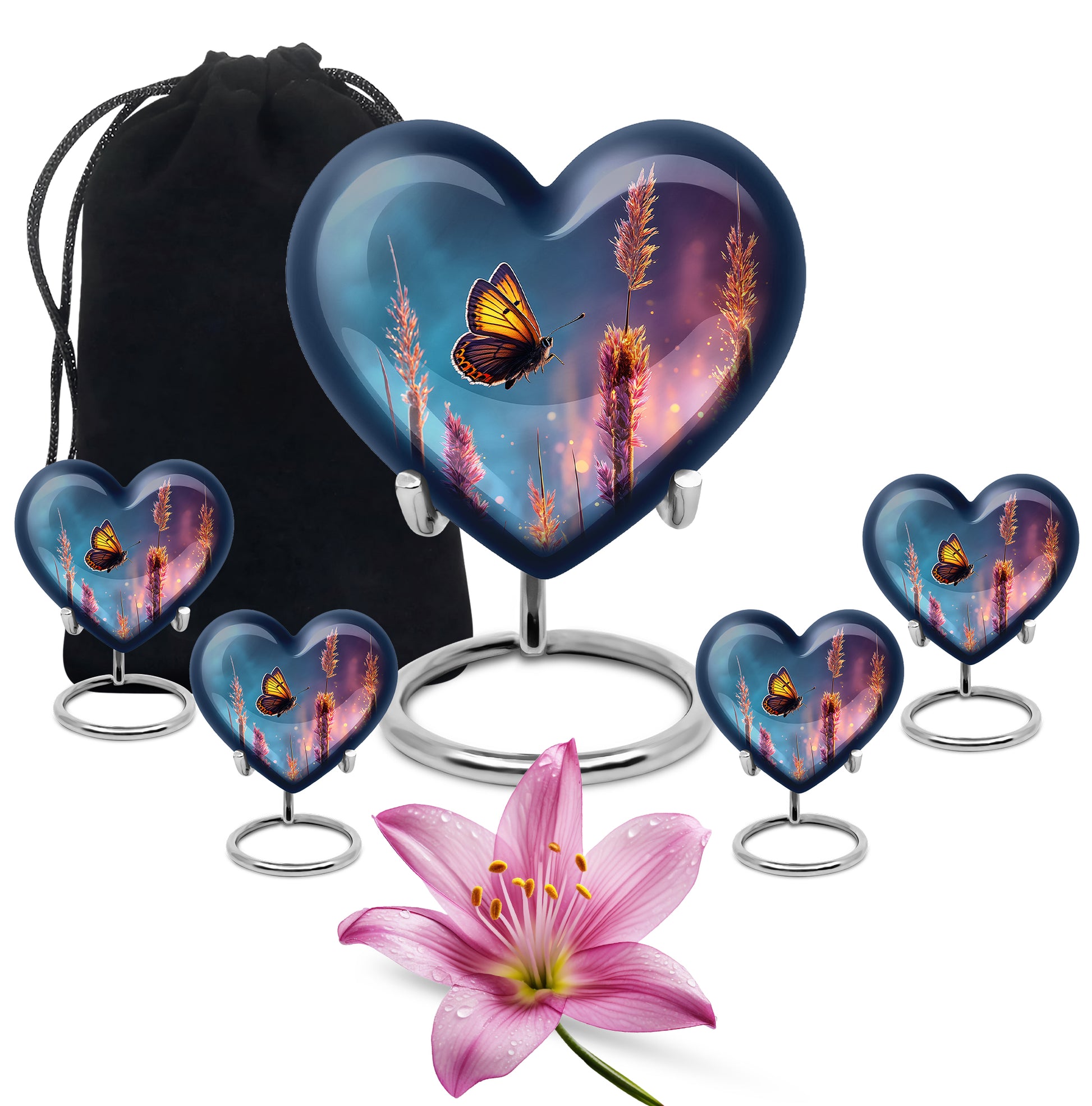 Navy Blue Butterfly Cremation Urn close-up of engraving and surface detail - loving heart memorial featuring butterfly pattern - memorial set with one large and four small urns