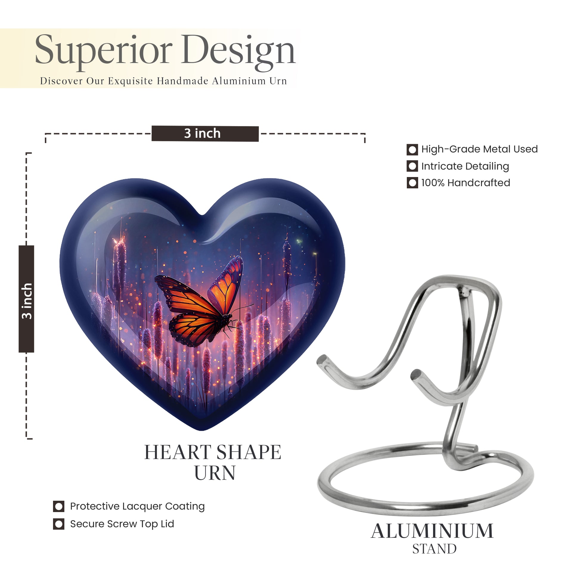 Calming Blue Butterfly Cremation Urn front view showing detailed design - romantic heart urn with butterfly motif on aluminum - mini keepsake memorial for portion of cremation ashes