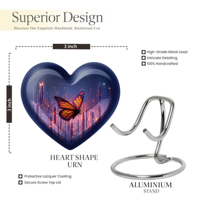 Calming Blue Butterfly Cremation Urn front view showing detailed design - romantic heart urn with butterfly motif on aluminum - mini keepsake memorial for portion of cremation ashes