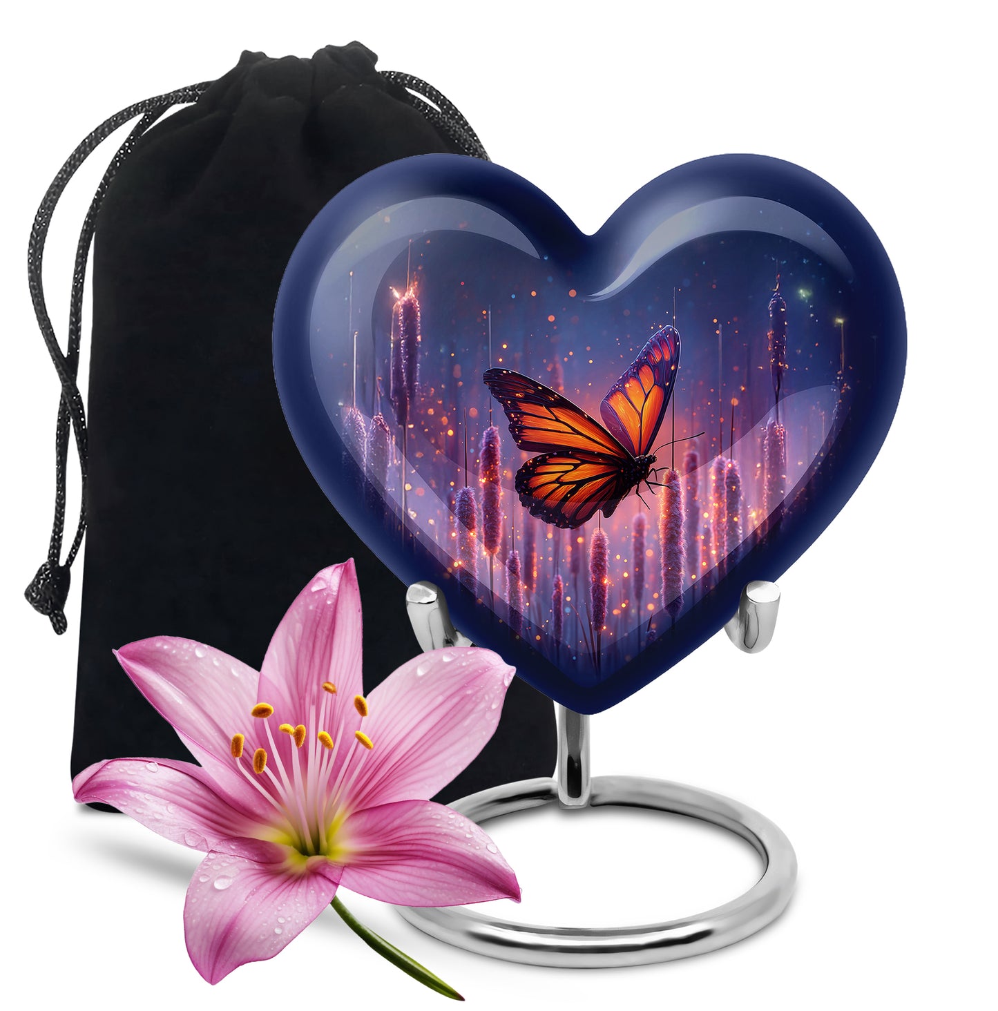 Vivid Blue Butterfly Cremation Urn detail view - romantic heart urn with butterfly motif on aluminum - full-size 10 inch 200 cubic inch adult cremation urn