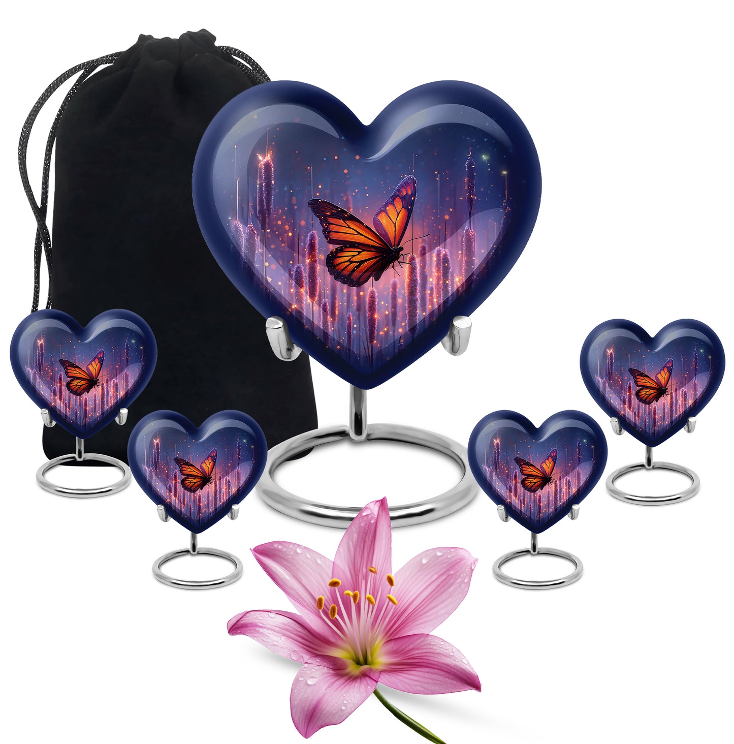 Pastel Blue Butterfly Cremation Urn close-up of engraving and surface detail - loving heart memorial featuring butterfly pattern - memorial set with one large and four small urns