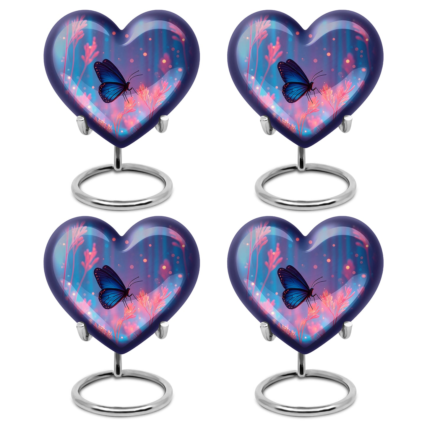 Icy Blue Butterfly Cremation Urn angled view of lid and engraved motif - loving heart memorial featuring butterfly pattern - 10 inch aluminum urn for cremated remains