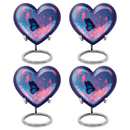 Icy Blue Butterfly Cremation Urn angled view of lid and engraved motif - loving heart memorial featuring butterfly pattern - 10 inch aluminum urn for cremated remains