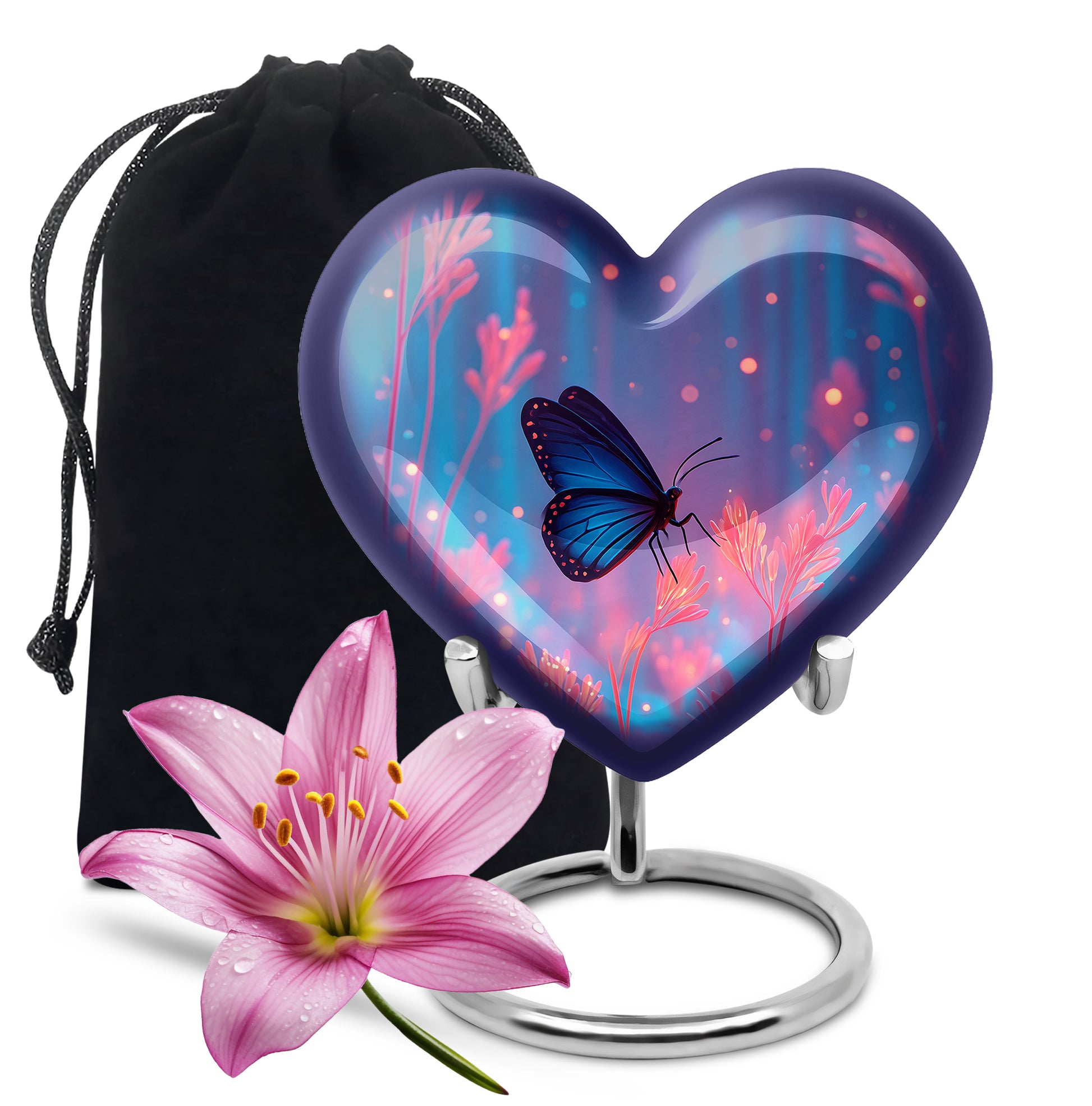Misty Blue Butterfly Cremation Urn detail view - loving heart memorial featuring butterfly pattern - full-size 10 inch 200 cubic inch adult cremation urn