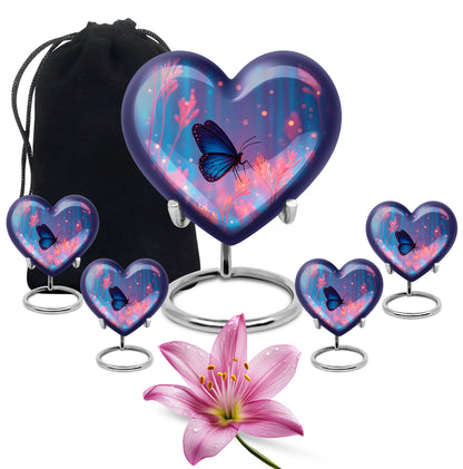 Azure Butterfly Cremation Urn close-up of engraving and surface detail - loving heart memorial featuring butterfly pattern - memorial set with one large and four small urns