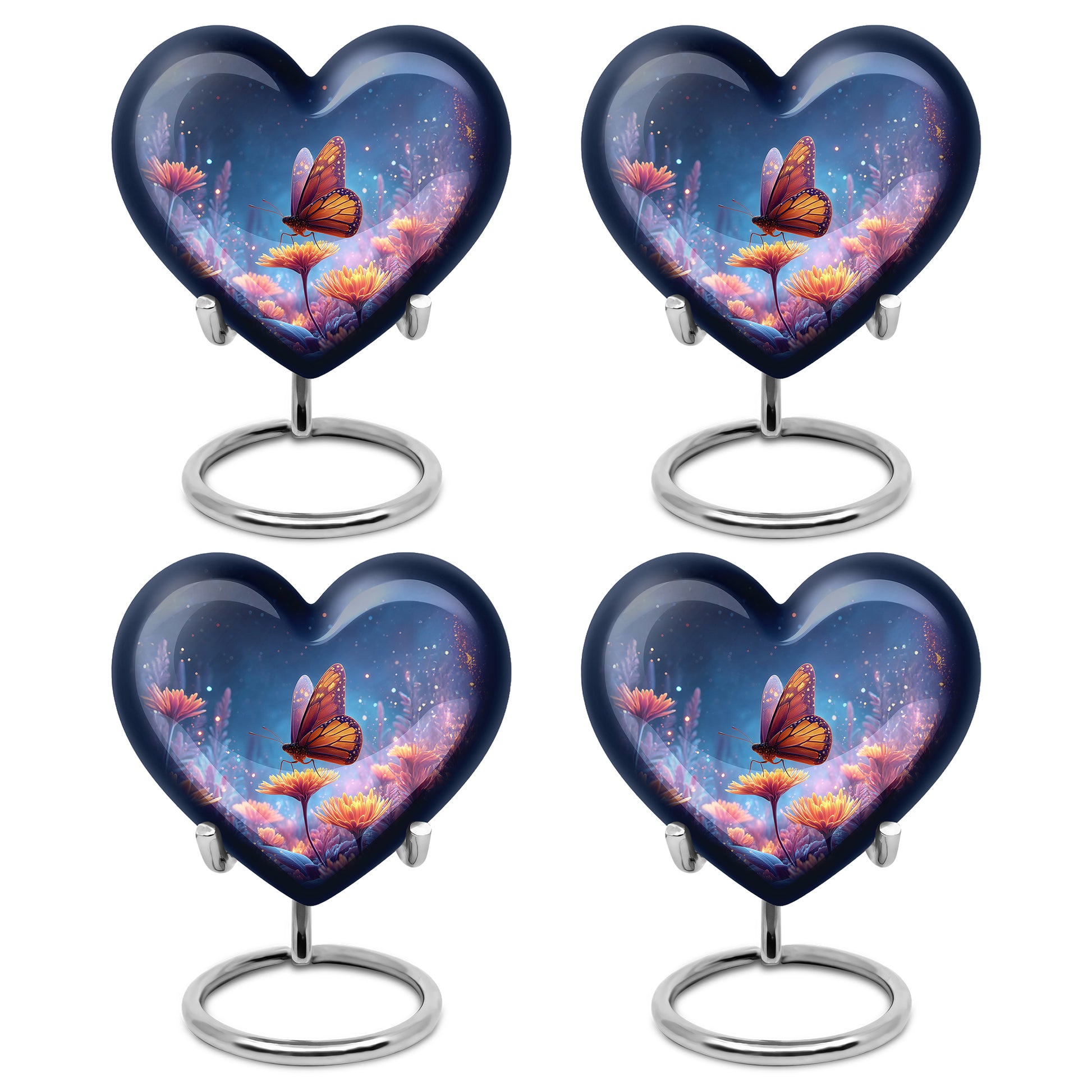 Misty Blue Butterfly Cremation Urn angled view of lid and engraved motif - heart-shaped butterfly design symbolizing eternal love - 10 inch aluminum urn for cremated remains