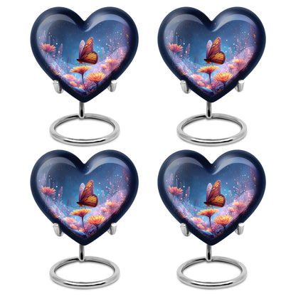 Misty Blue Butterfly Cremation Urn angled view of lid and engraved motif - heart-shaped butterfly design symbolizing eternal love - 10 inch aluminum urn for cremated remains