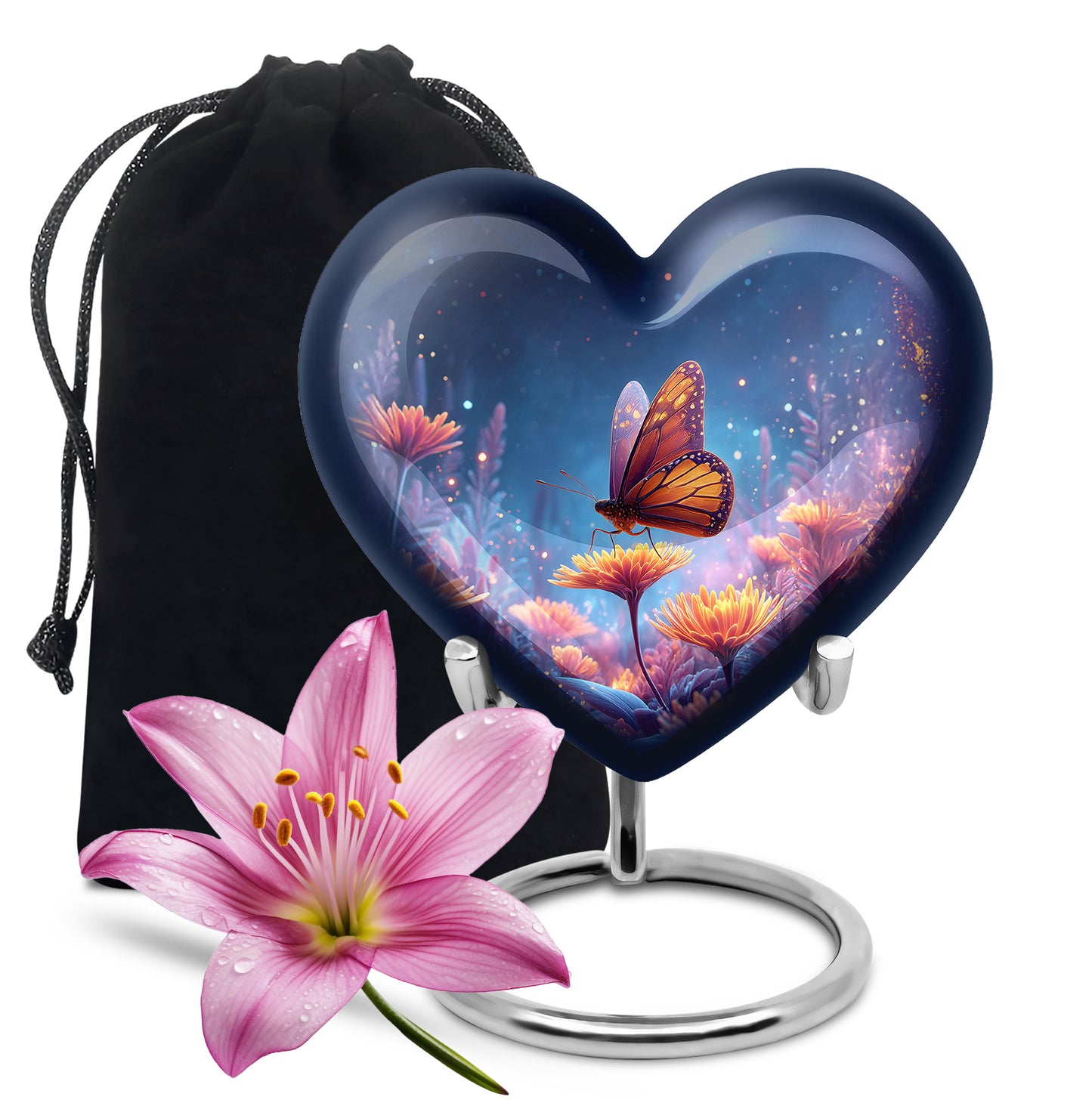 Twilight Blue Butterfly Cremation Urn detail view - romantic heart urn with butterfly motif on aluminum - full-size 10 inch 200 cubic inch adult cremation urn