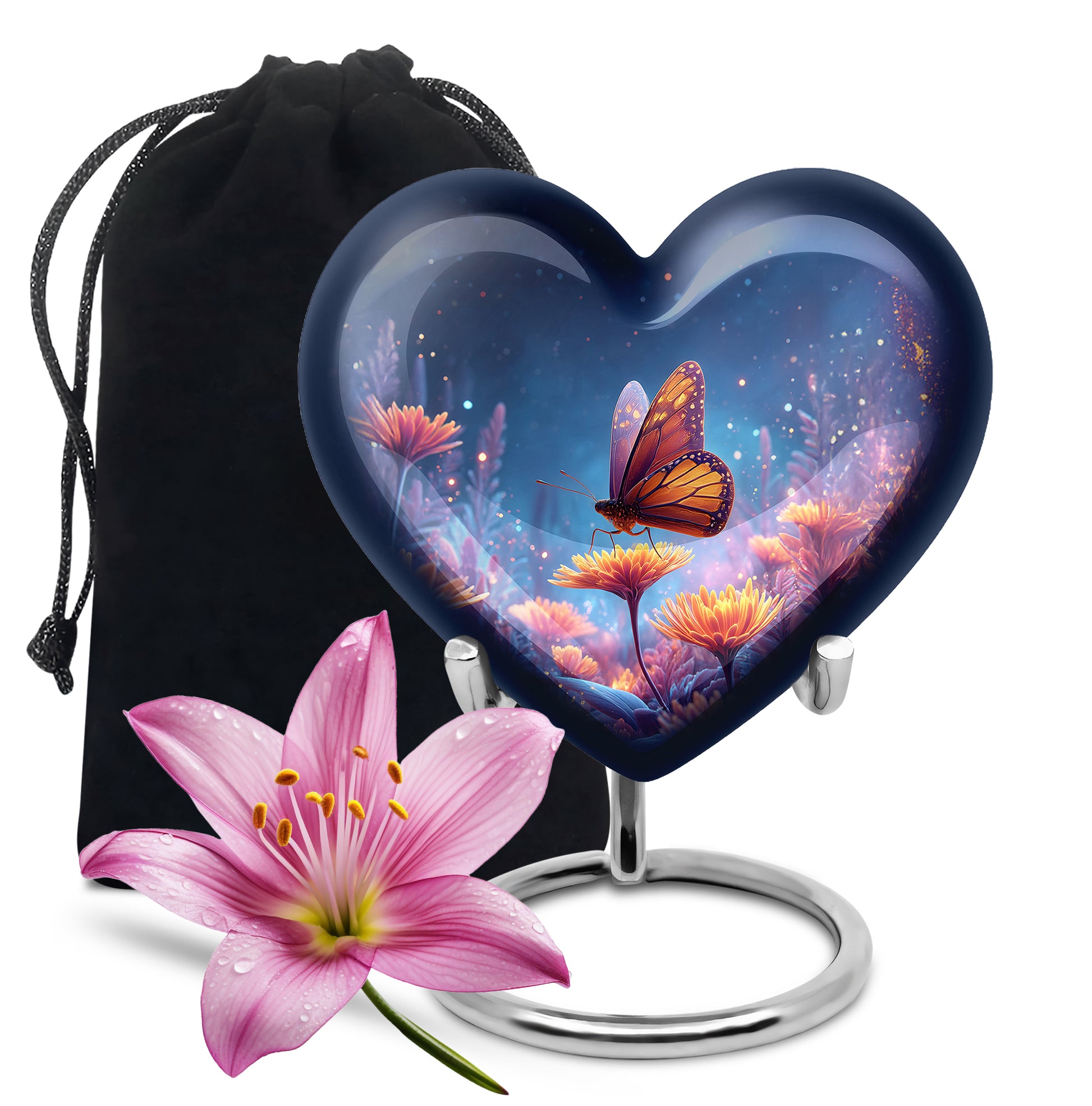Twilight Blue Butterfly Cremation Urn detail view - romantic heart urn with butterfly motif on aluminum - full-size 10 inch 200 cubic inch adult cremation urn