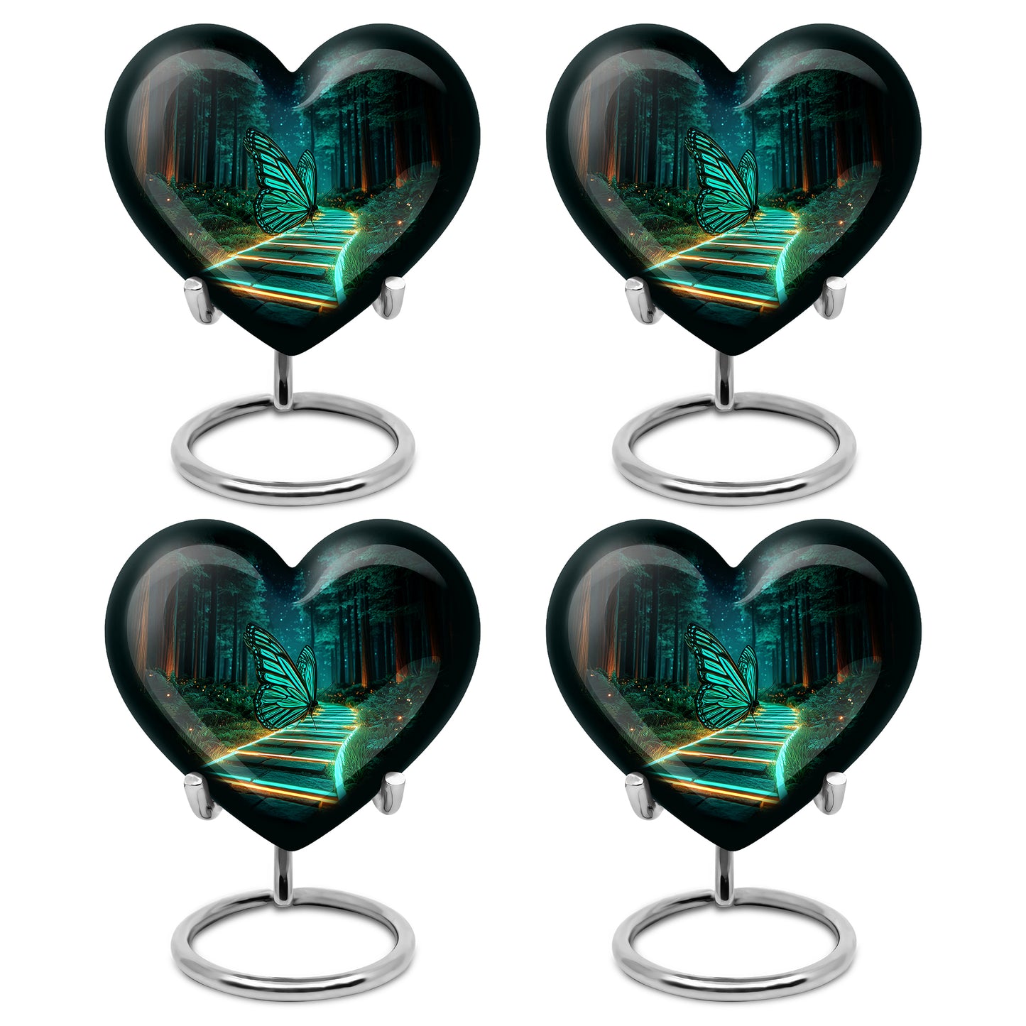 Glossy Black Butterfly Cremation Urn angled view of lid and engraved motif - heart-shaped butterfly design symbolizing eternal love - 10 inch aluminum urn for cremated remains