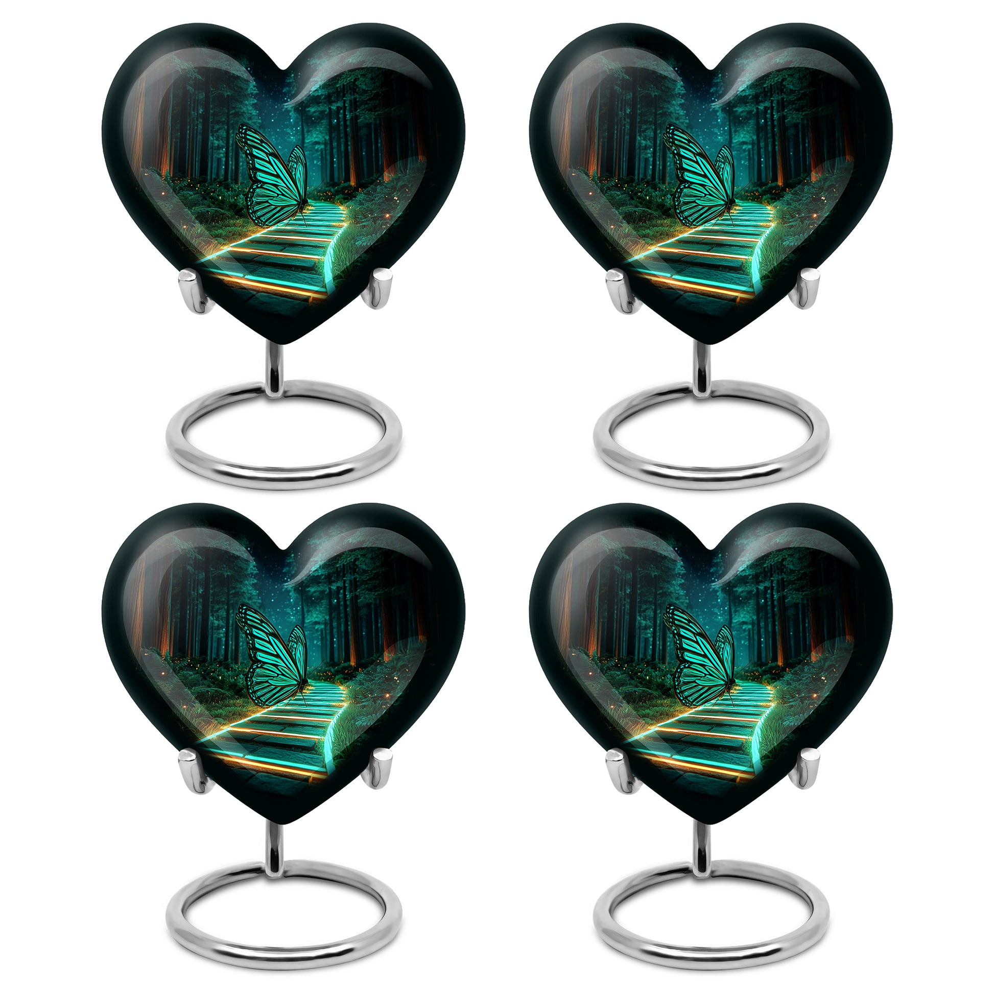 Glossy Black Butterfly Cremation Urn angled view of lid and engraved motif - heart-shaped butterfly design symbolizing eternal love - 10 inch aluminum urn for cremated remains