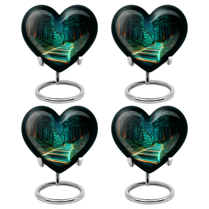 Glossy Black Butterfly Cremation Urn angled view of lid and engraved motif - heart-shaped butterfly design symbolizing eternal love - 10 inch aluminum urn for cremated remains