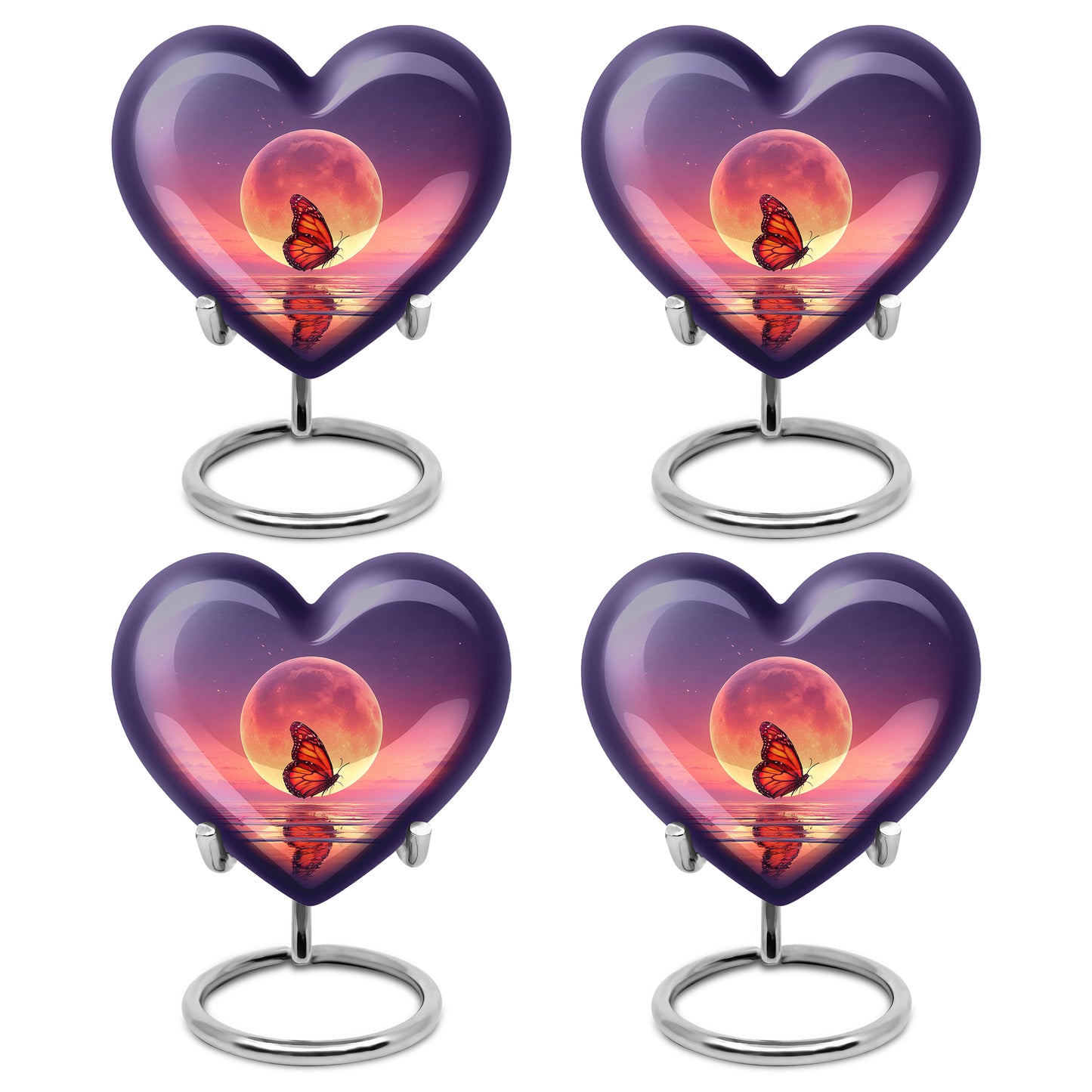Indigo Butterfly Cremation Urn angled view of lid and engraved motif - loving heart memorial featuring butterfly pattern - 10 inch aluminum urn for cremated remains