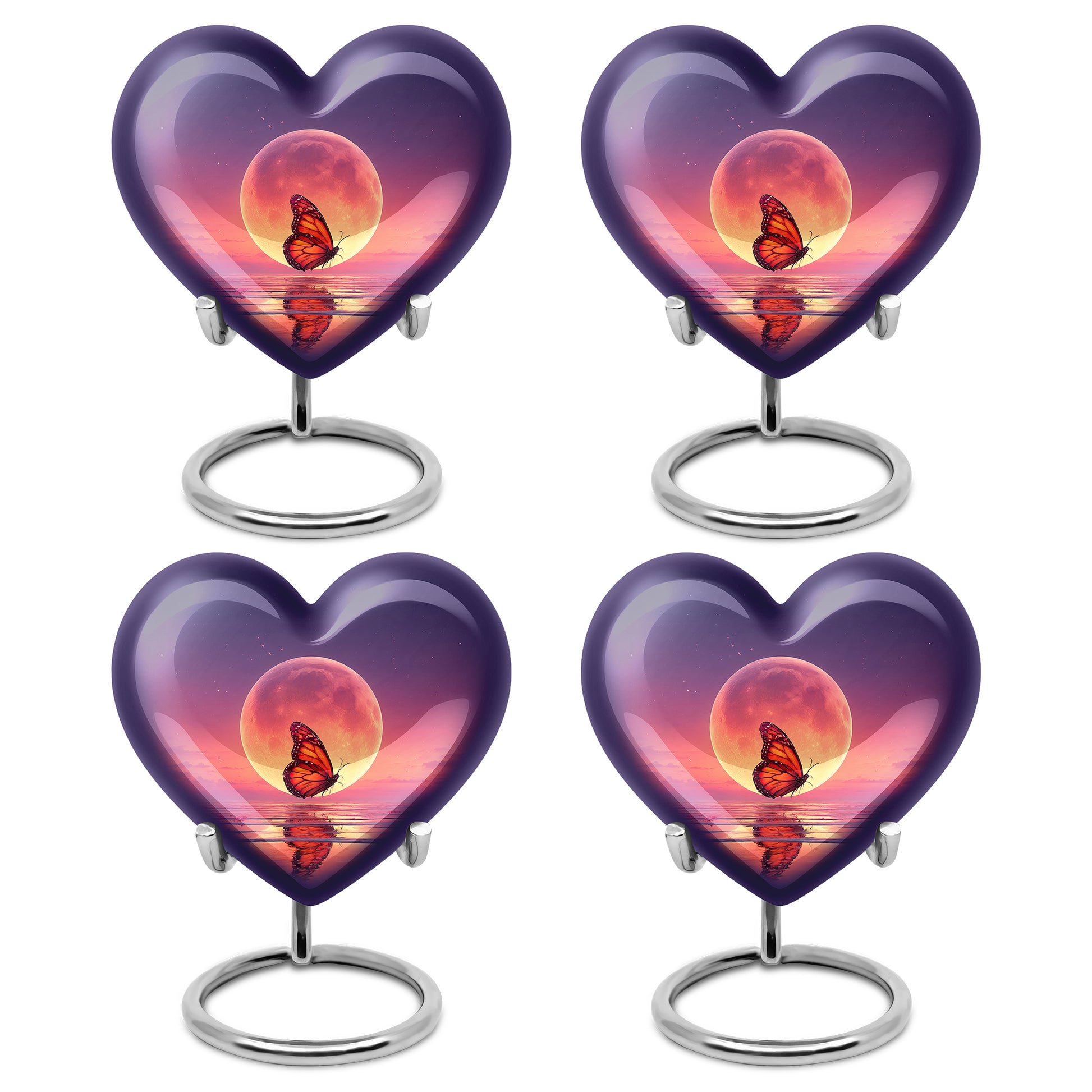 Indigo Butterfly Cremation Urn angled view of lid and engraved motif - loving heart memorial featuring butterfly pattern - 10 inch aluminum urn for cremated remains