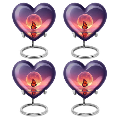 Indigo Butterfly Cremation Urn angled view of lid and engraved motif - loving heart memorial featuring butterfly pattern - 10 inch aluminum urn for cremated remains