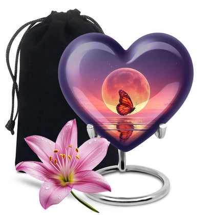 Bright Blue Butterfly Cremation Urn detail view - compassionate heart-butterfly combination with gentle curves - full-size 10 inch 200 cubic inch adult cremation urn