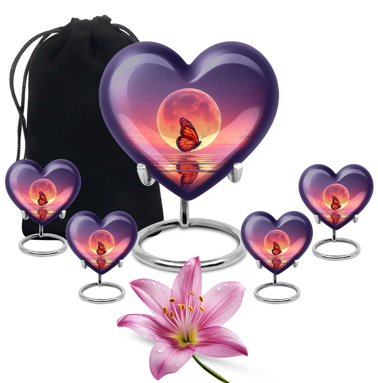 Powder Blue Butterfly Cremation Urn close-up of engraving and surface detail - heart-shaped butterfly design symbolizing eternal love - memorial set with one large and four small urns