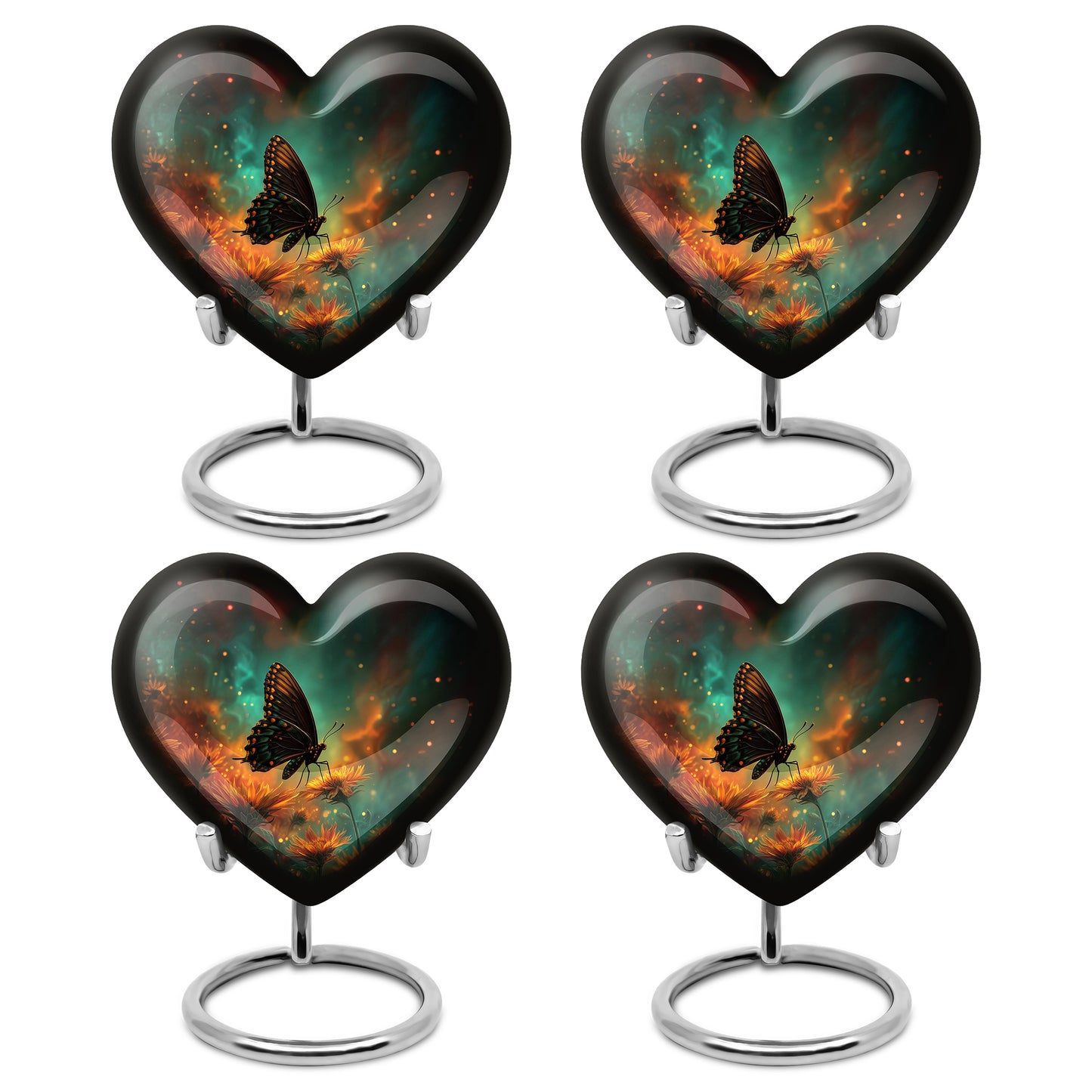 Mystic Teal Butterfly Cremation Urn angled view of lid and engraved motif - romantic heart urn with butterfly motif on aluminum - 10 inch aluminum urn for cremated remains