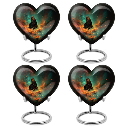 Mystic Teal Butterfly Cremation Urn angled view of lid and engraved motif - romantic heart urn with butterfly motif on aluminum - 10 inch aluminum urn for cremated remains