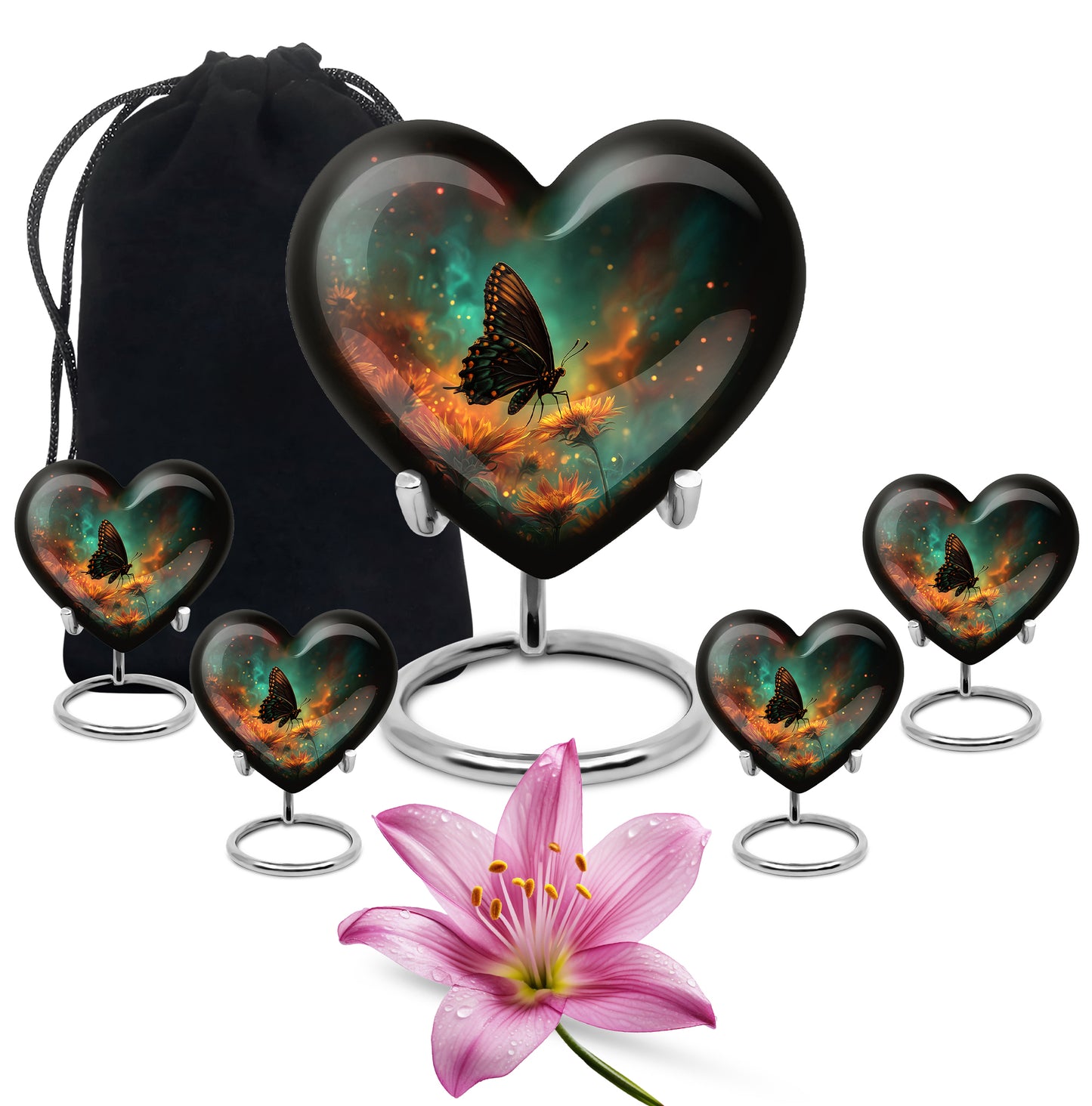 Tropical Teal Butterfly Cremation Urn close-up of engraving and surface detail - romantic heart urn with butterfly motif on aluminum - memorial set with one large and four small urns