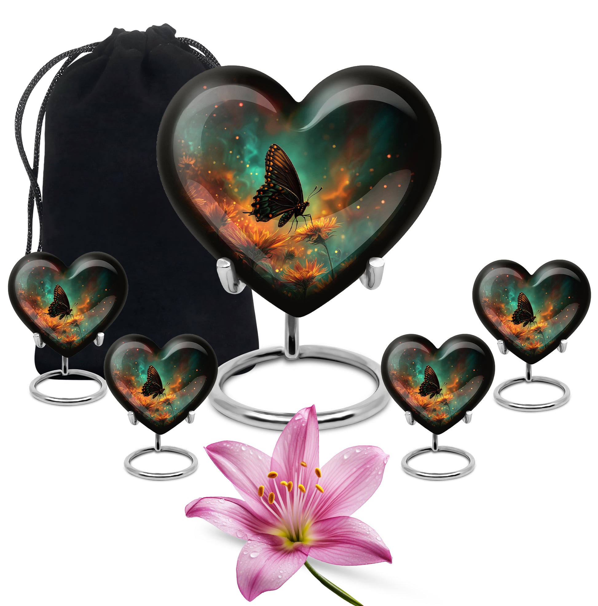Tropical Teal Butterfly Cremation Urn close-up of engraving and surface detail - romantic heart urn with butterfly motif on aluminum - memorial set with one large and four small urns