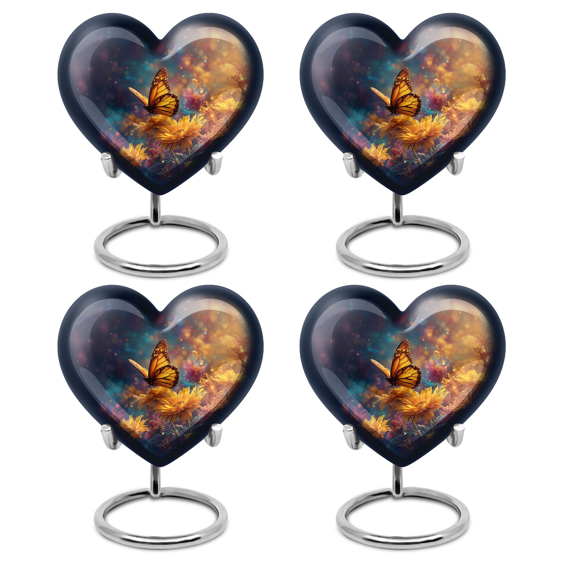 Vivid Blue Butterfly Cremation Urn angled view of lid and engraved motif - romantic heart urn with butterfly motif on aluminum - 10 inch aluminum urn for cremated remains