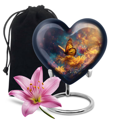 Icy Blue Butterfly Cremation Urn detail view - heart-shaped butterfly design symbolizing eternal love - full-size 10 inch 200 cubic inch adult cremation urn