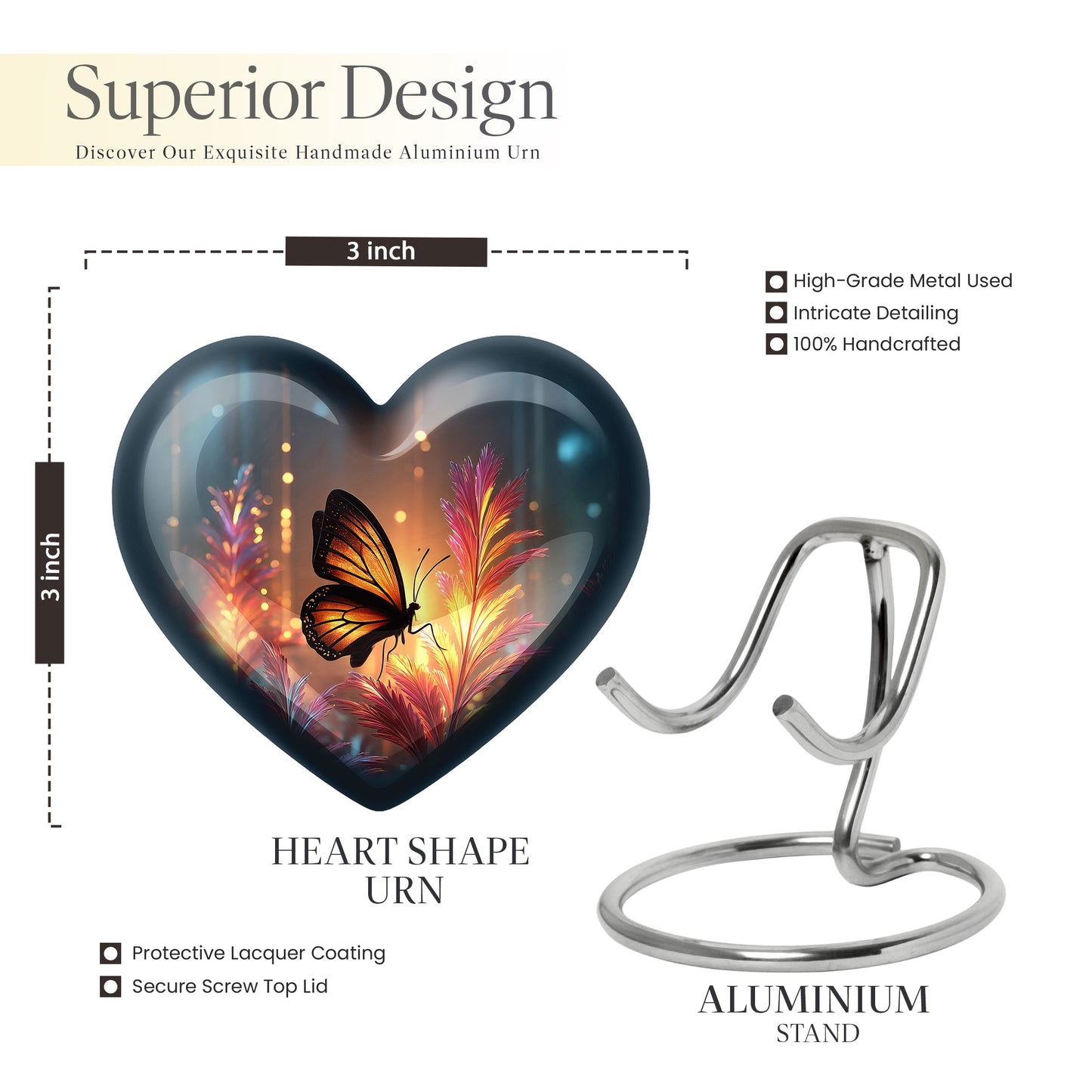 Harvest Gold Butterfly Cremation Urn front view showing detailed design - romantic heart urn with butterfly motif on aluminum - mini keepsake memorial for portion of cremation ashes