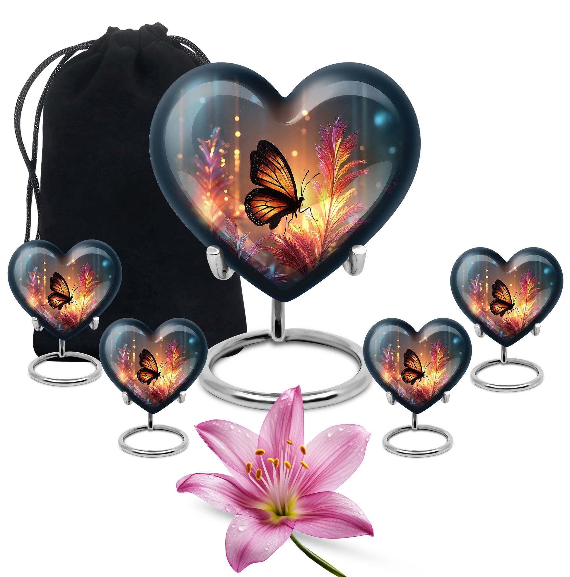 Amber Gold Butterfly Cremation Urn close-up of engraving and surface detail - heart-shaped butterfly design symbolizing eternal love - memorial set with one large and four small urns