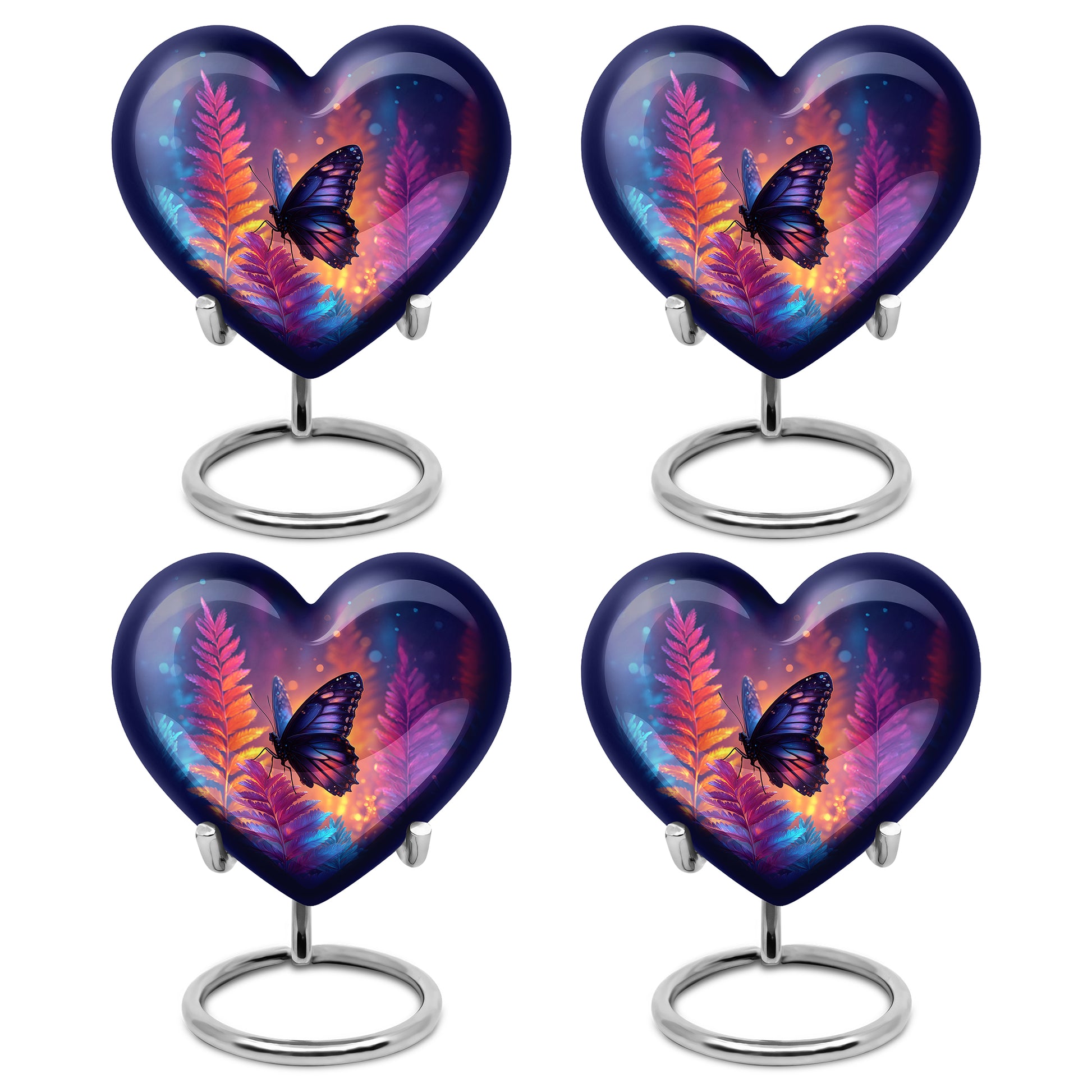 Indigo Butterfly Cremation Urn angled view of lid and engraved motif - loving heart memorial featuring butterfly pattern - 10 inch aluminum urn for cremated remains