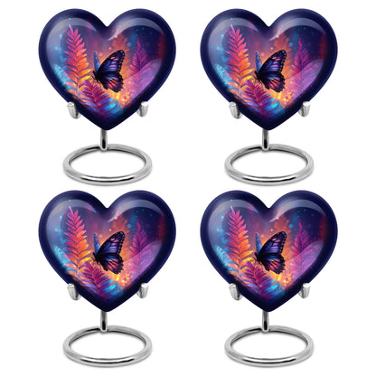 Indigo Butterfly Cremation Urn angled view of lid and engraved motif - loving heart memorial featuring butterfly pattern - 10 inch aluminum urn for cremated remains