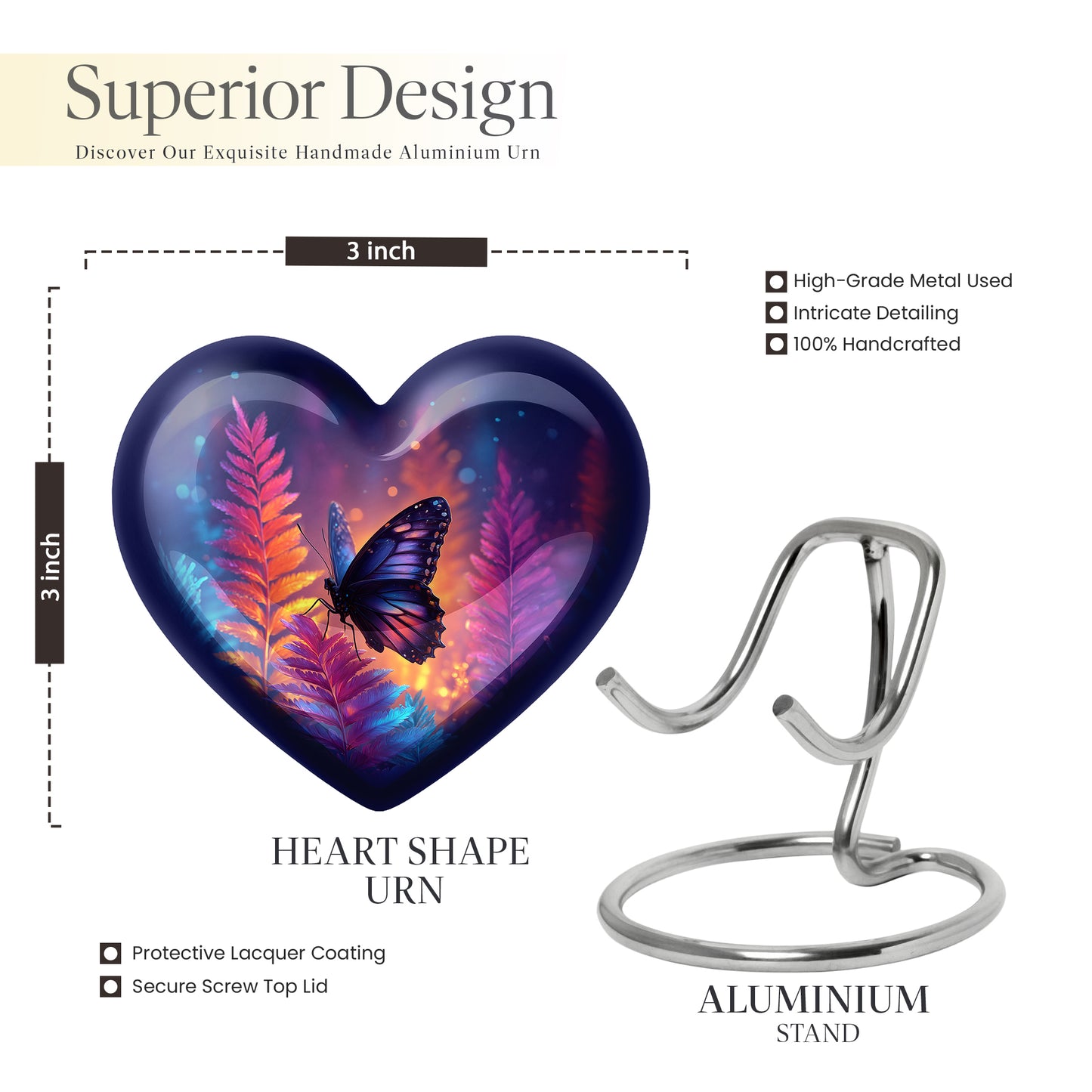 Royal Blue Butterfly Cremation Urn front view showing detailed design - compassionate heart-butterfly combination with gentle curves - mini keepsake memorial for portion of cremation ashes