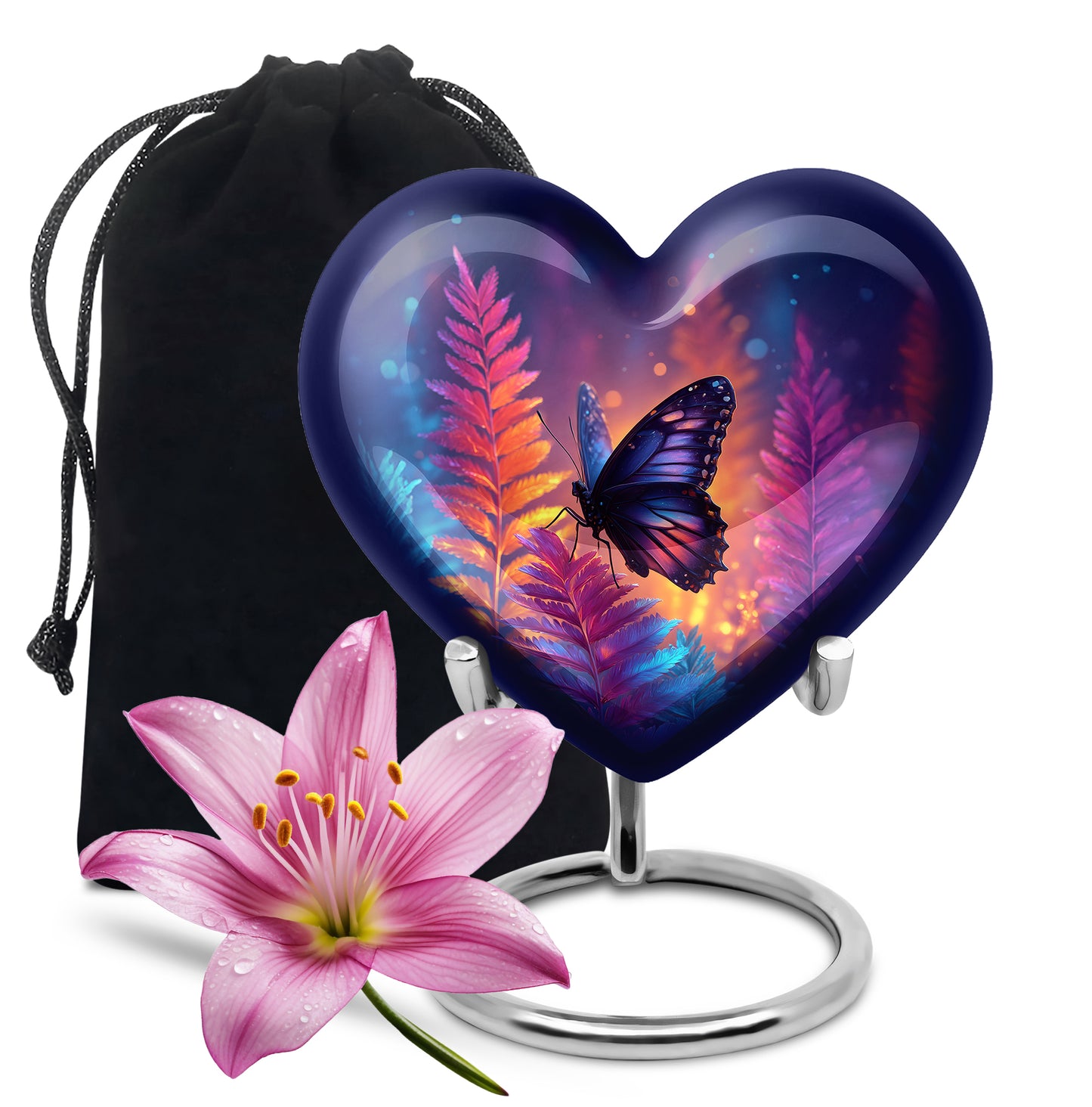 Indigo Butterfly Cremation Urn detail view - loving heart memorial featuring butterfly pattern - full-size 10 inch 200 cubic inch adult cremation urn