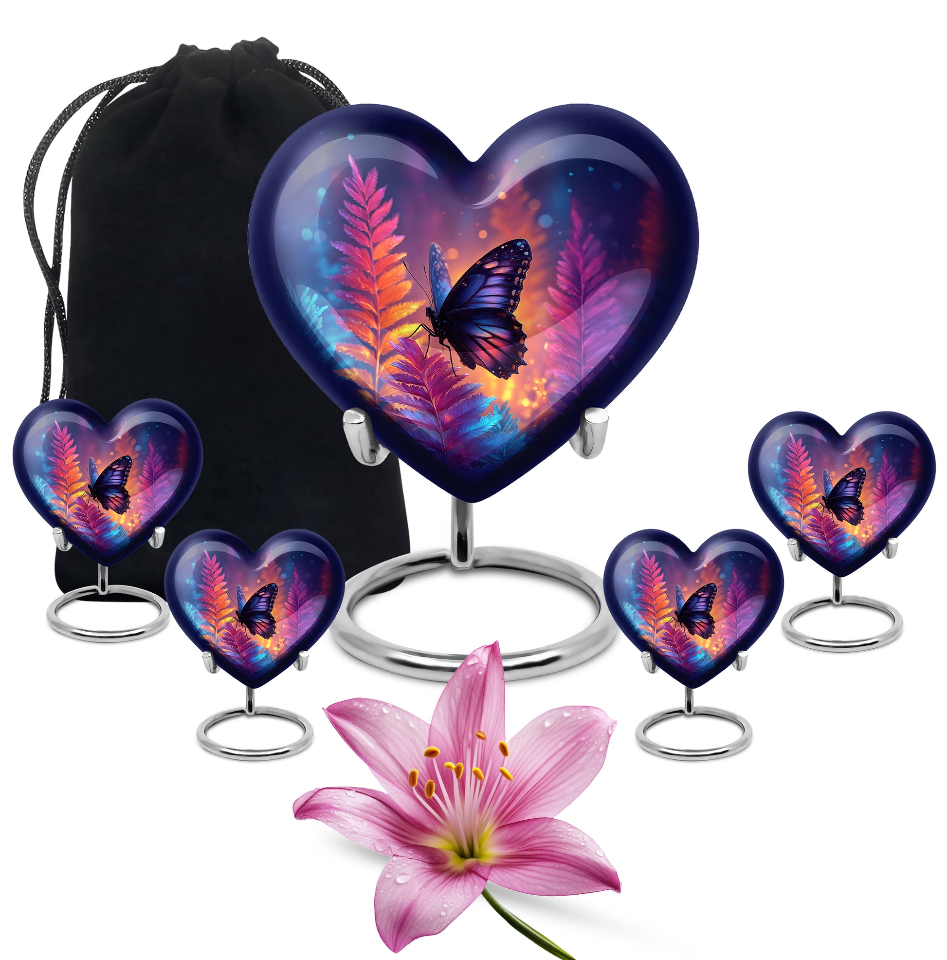 Celestial Blue Butterfly Cremation Urn close-up of engraving and surface detail - heart-shaped butterfly design symbolizing eternal love - memorial set with one large and four small urns