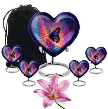 Celestial Blue Butterfly Cremation Urn close-up of engraving and surface detail - heart-shaped butterfly design symbolizing eternal love - memorial set with one large and four small urns