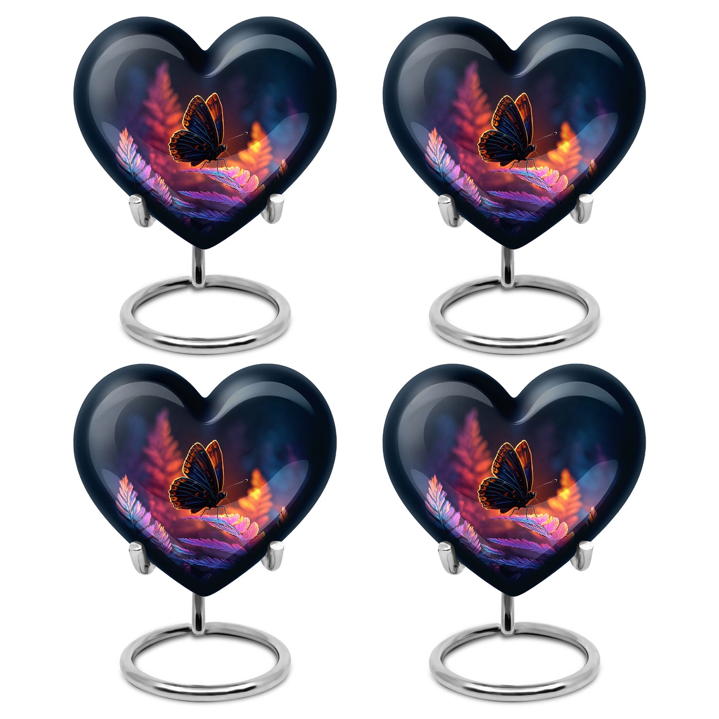 Indigo Butterfly Cremation Urn angled view of lid and engraved motif - loving heart memorial featuring butterfly pattern - 10 inch aluminum urn for cremated remains