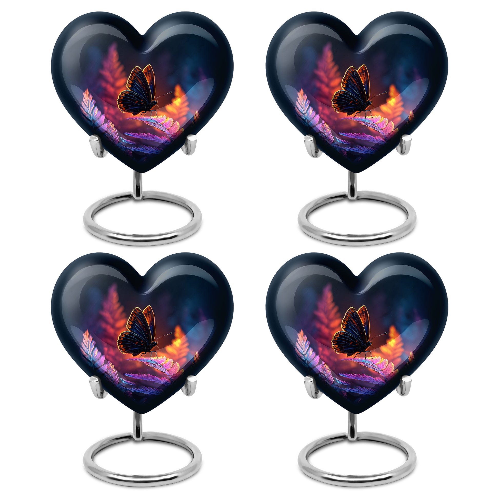 Indigo Butterfly Cremation Urn angled view of lid and engraved motif - loving heart memorial featuring butterfly pattern - 10 inch aluminum urn for cremated remains