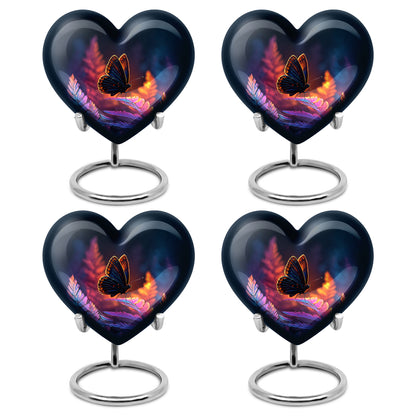 Indigo Butterfly Cremation Urn angled view of lid and engraved motif - loving heart memorial featuring butterfly pattern - 10 inch aluminum urn for cremated remains