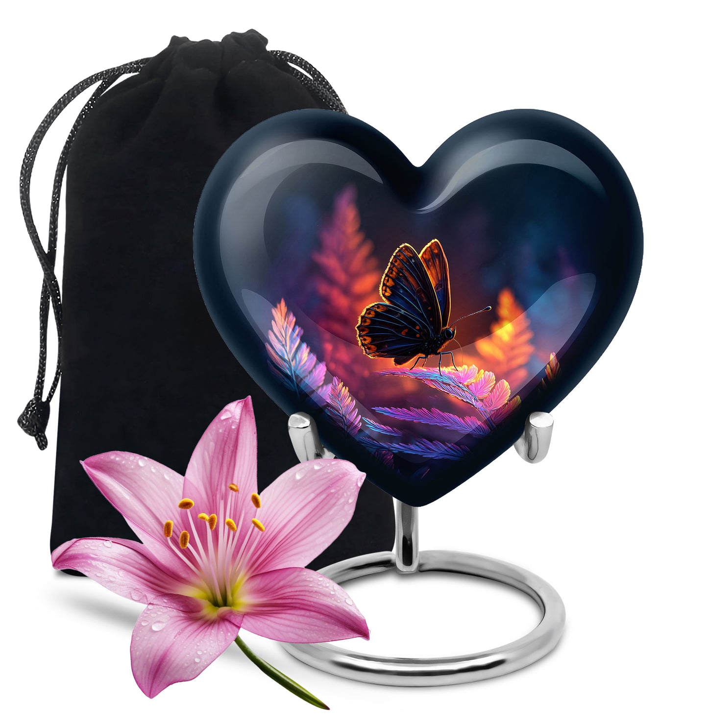 Indigo Butterfly Cremation Urn detail view - heart-shaped butterfly design symbolizing eternal love - full-size 10 inch 200 cubic inch adult cremation urn