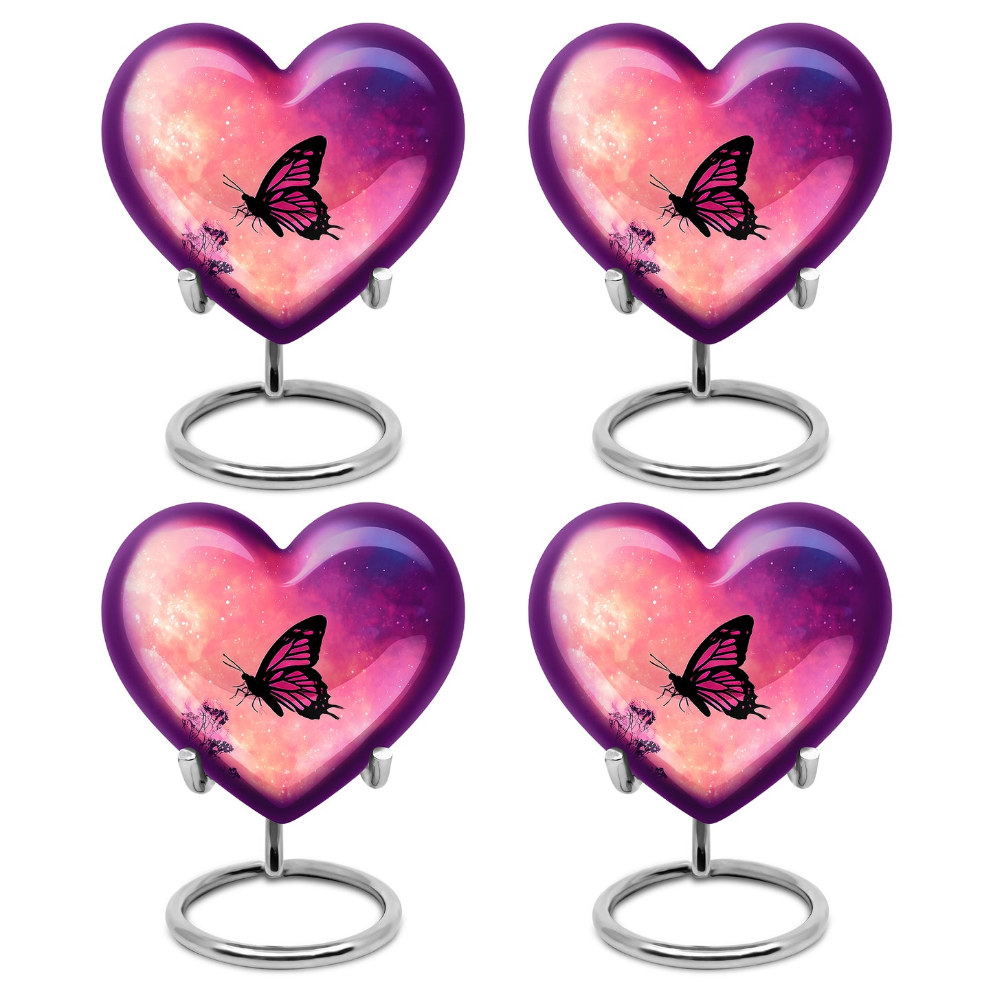 Soft Pink Butterfly Cremation Urn angled view of lid and engraved motif - compassionate heart-butterfly combination with gentle curves - 10 inch aluminum urn for cremated remains