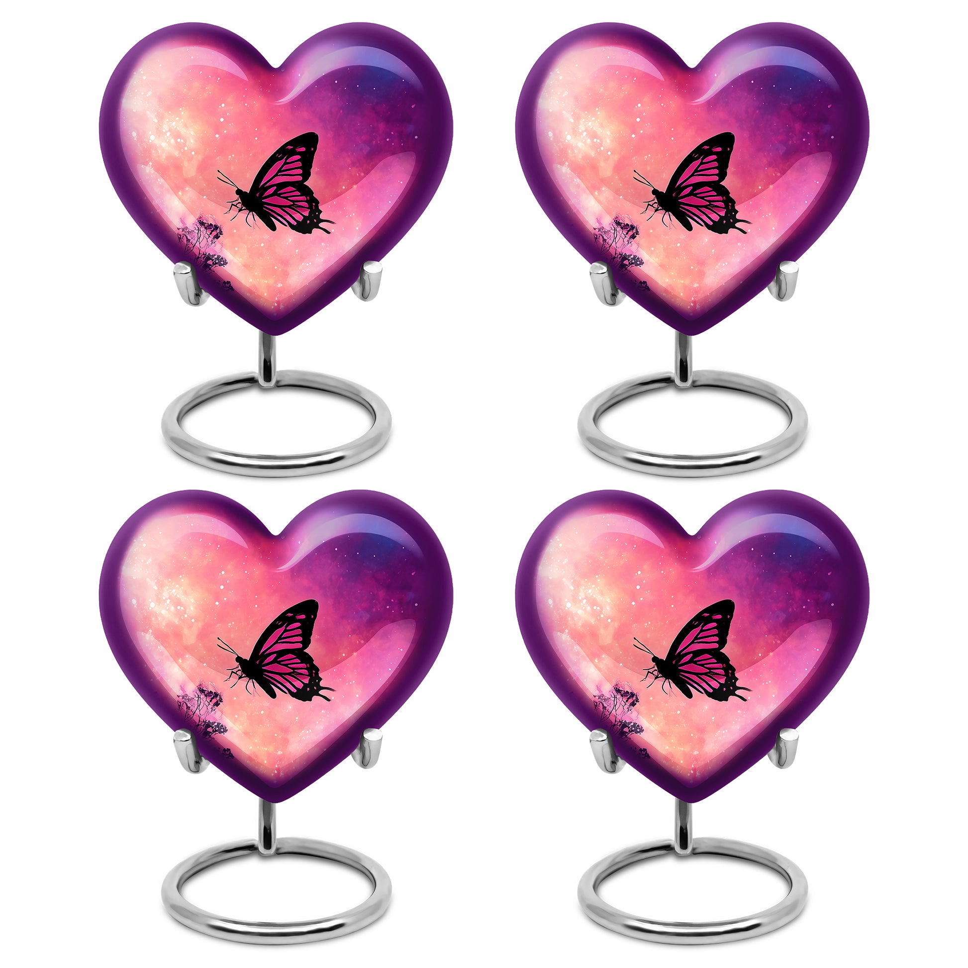 Soft Pink Butterfly Cremation Urn angled view of lid and engraved motif - compassionate heart-butterfly combination with gentle curves - 10 inch aluminum urn for cremated remains