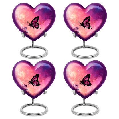 Soft Pink Butterfly Cremation Urn angled view of lid and engraved motif - compassionate heart-butterfly combination with gentle curves - 10 inch aluminum urn for cremated remains